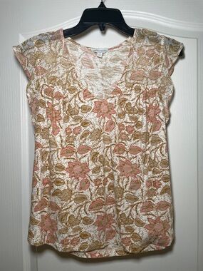 Lucky Brand Cream with Pink and Brown Floral Short Sleeve Top sz S